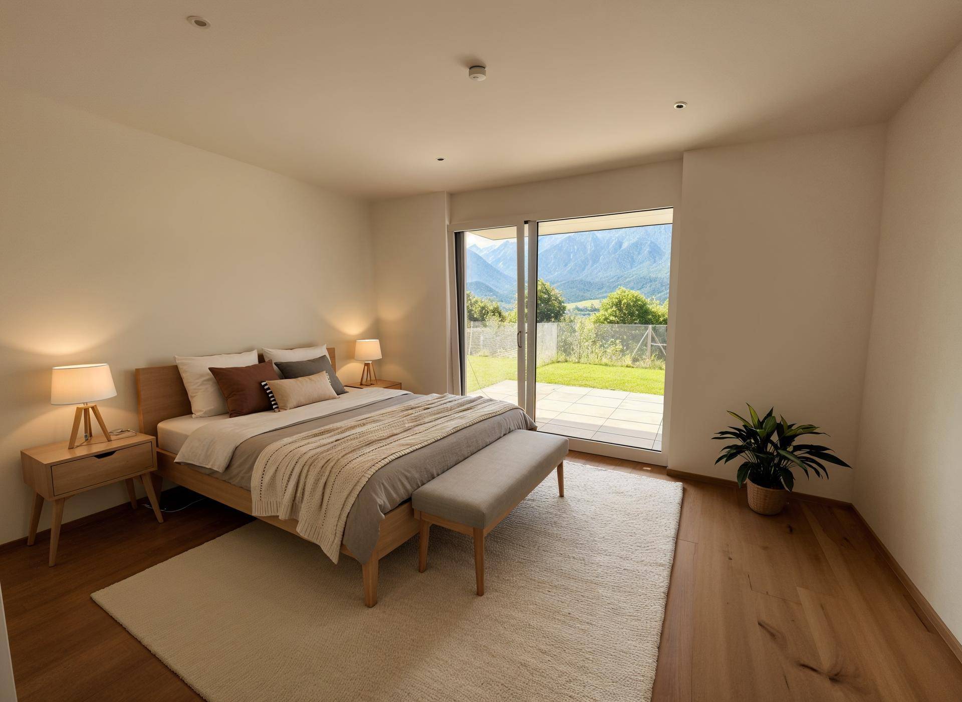 Helles Schlafzimmer mit Holzboden, großem Fenster und direktem Zugang zur Terrasse mit Bergblick.
