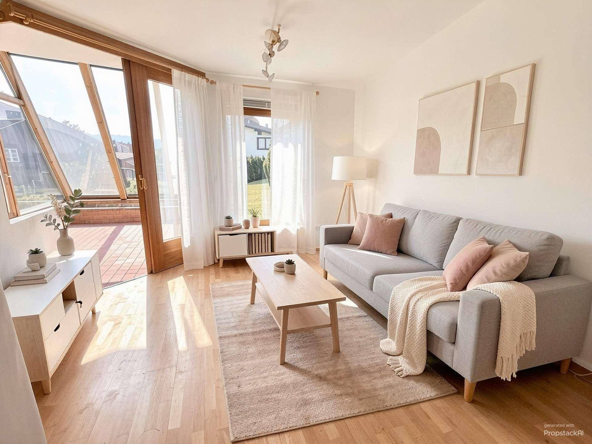 Helles Wohnzimmer mit modernem Sofa, Holzboden und Zugang zu einem lichtdurchfluteten Wintergarten.