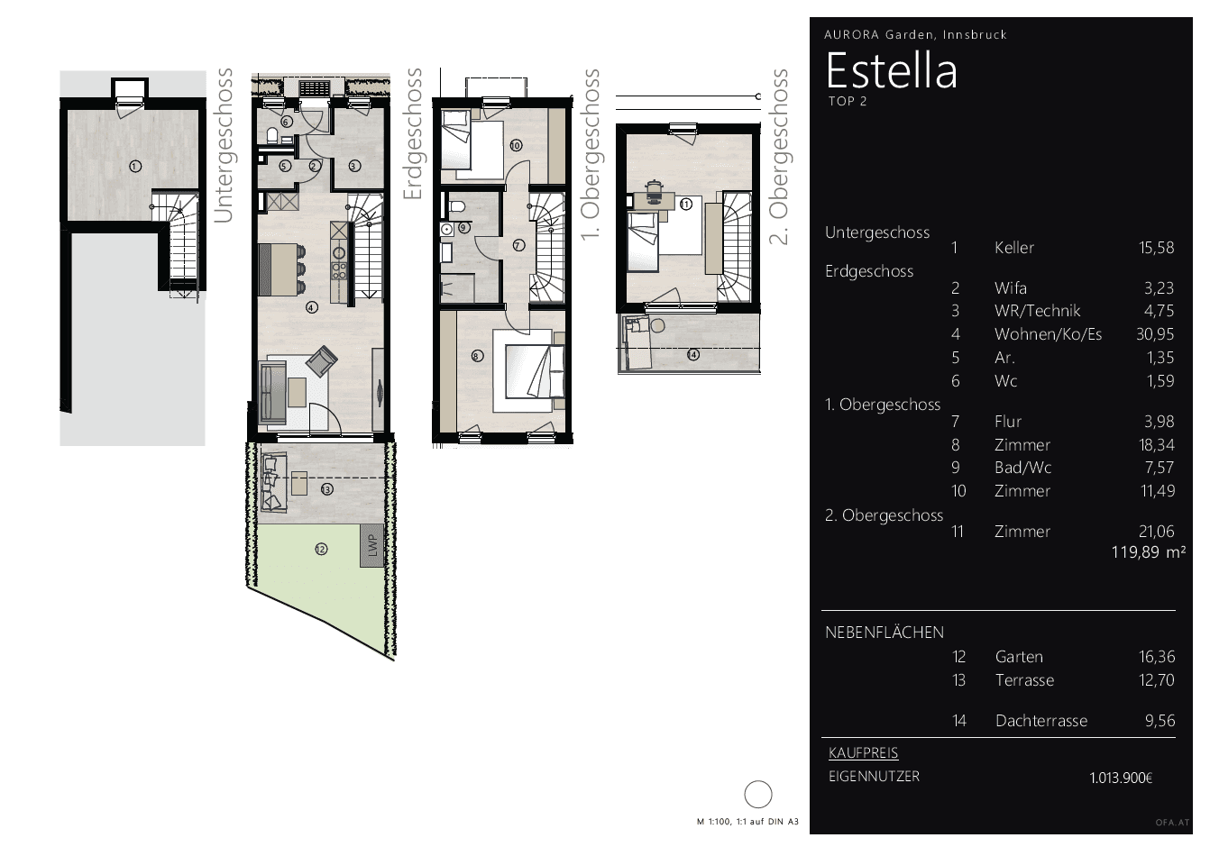 Grundriss einer mehrstöckigen Wohneinheit mit Garten, Terrasse und mehreren Zimmern auf verschiedenen Ebenen.