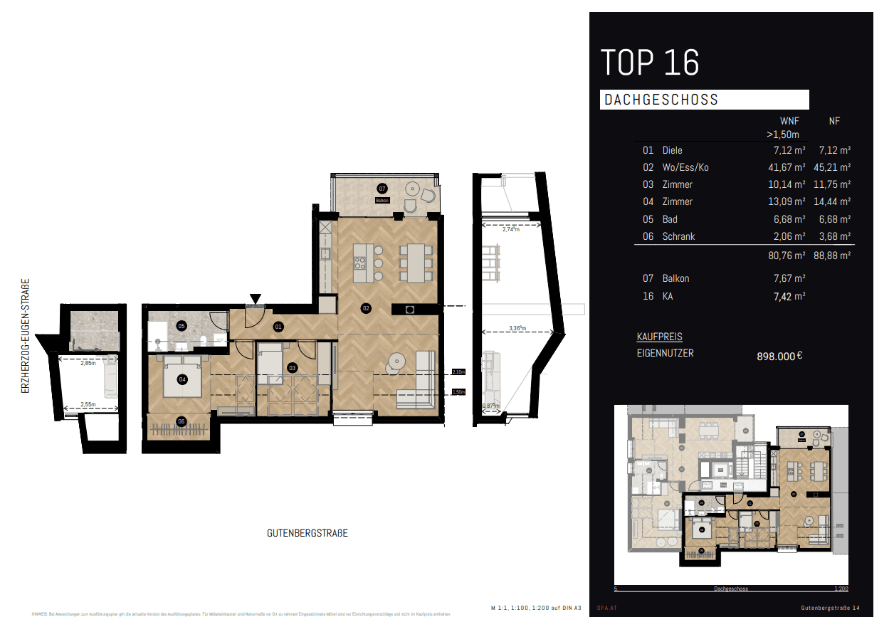Detaillierter Grundriss des Dachgeschosses "TOP 16" mit offenem Wohnbereich und Balkon.