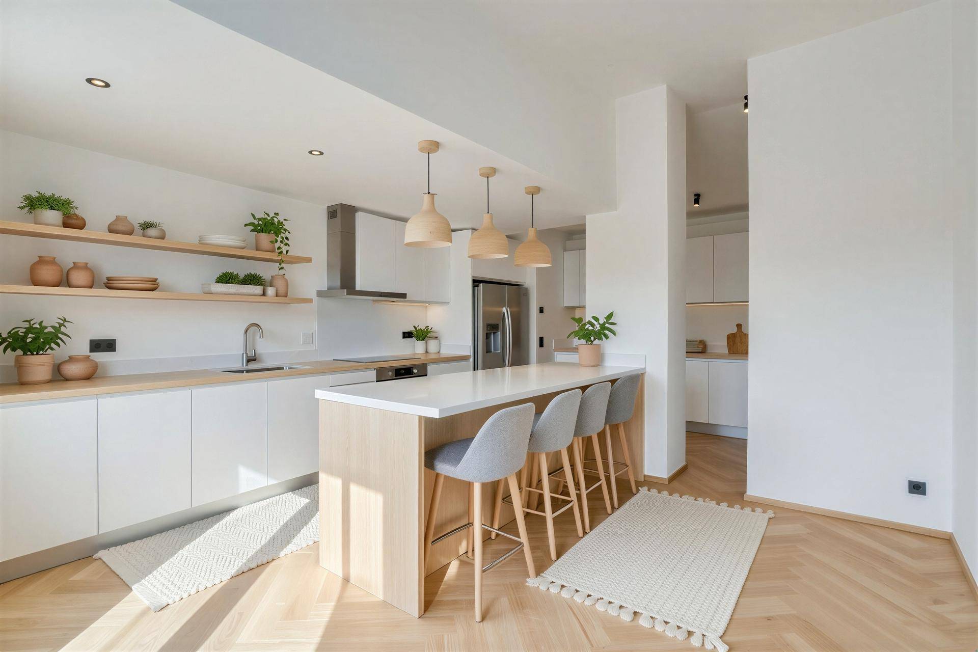 Moderne offene Küche mit Kücheninsel, Holzakzenten und integrierten Geräten.