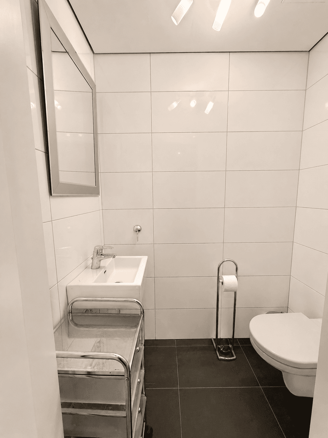Separates Gäste-WC mit kleinem Waschbecken und Wand-WC.