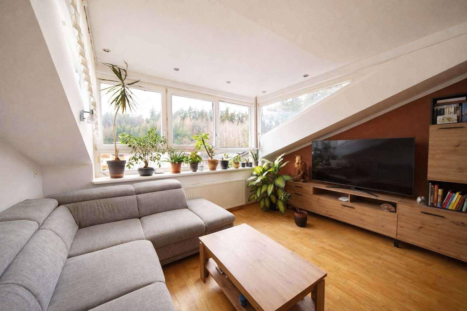 Gemütlicher Wohnbereich mit Sofa, Fernseher und weitem Blick ins Grüne durch große Fenster.