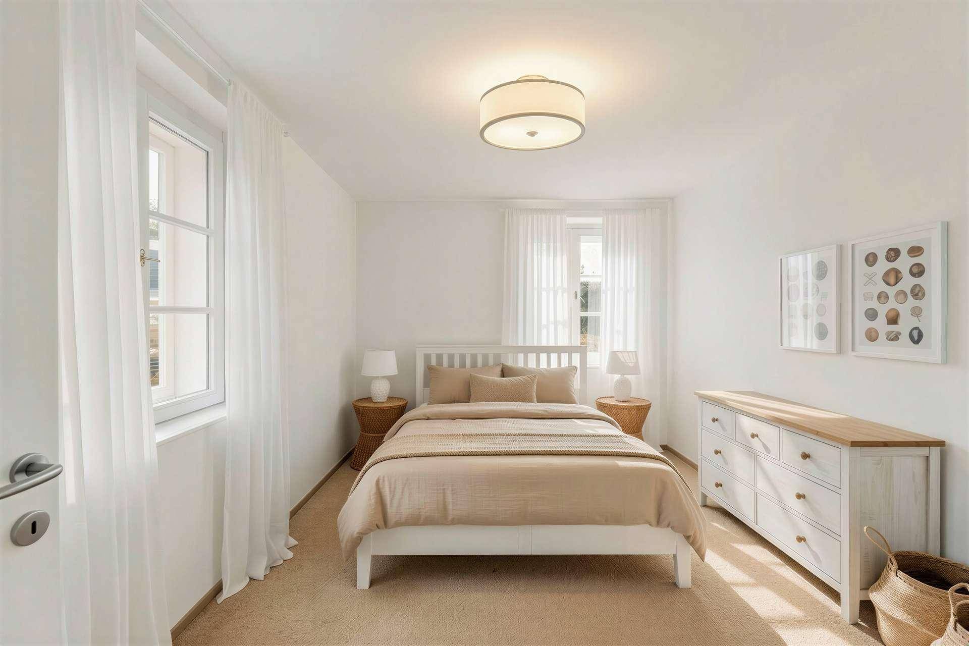 Gemütliches Schlafzimmer mit hellem Interieur, Parkettboden und viel Tageslicht.