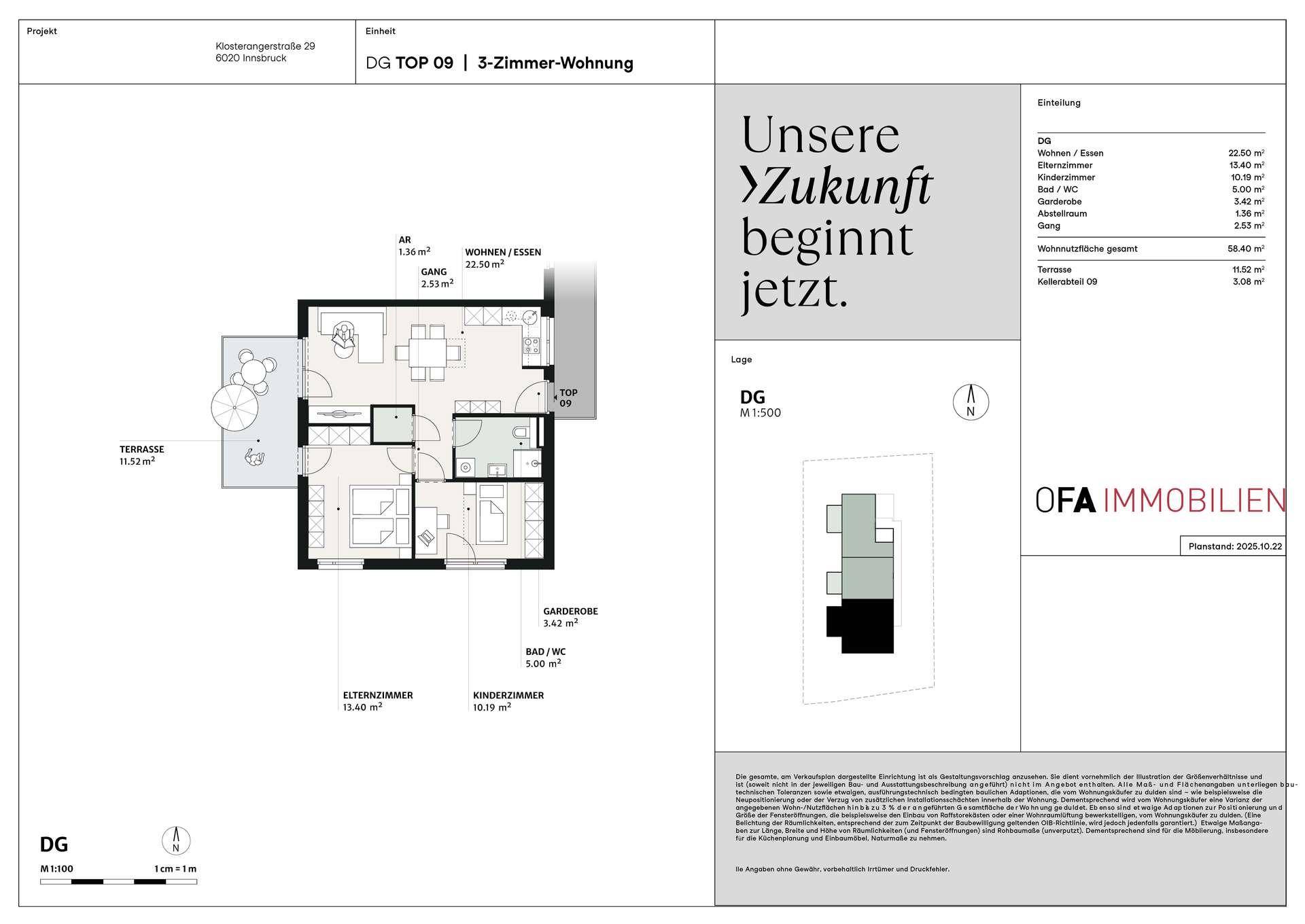 Grundriss einer 3-Zimmer-Wohnung mit offener Wohnküche und Terrasse.