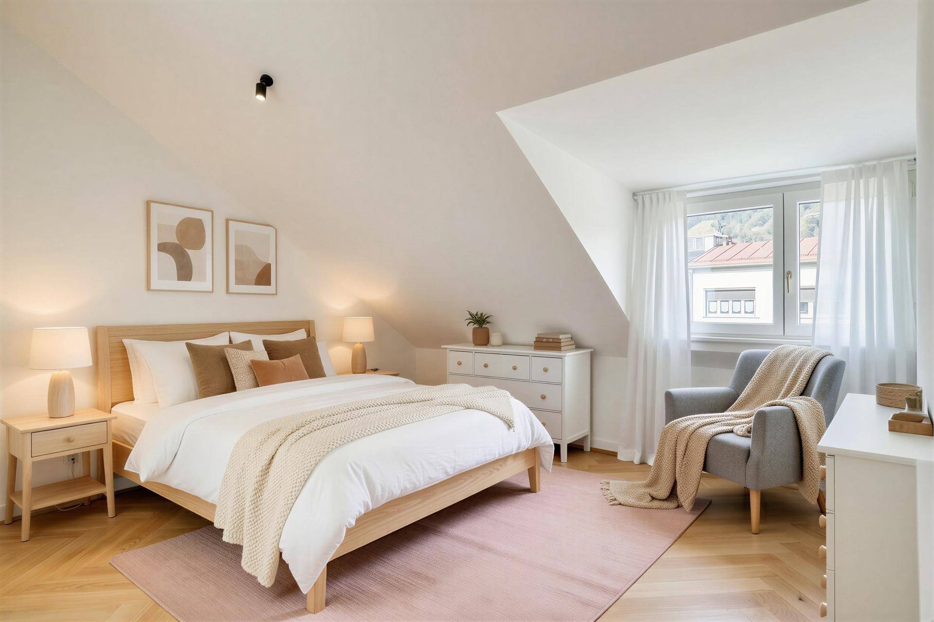 Gemütliches Schlafzimmer mit Holzbett, Fenster und weichem Teppich auf Parkettboden.