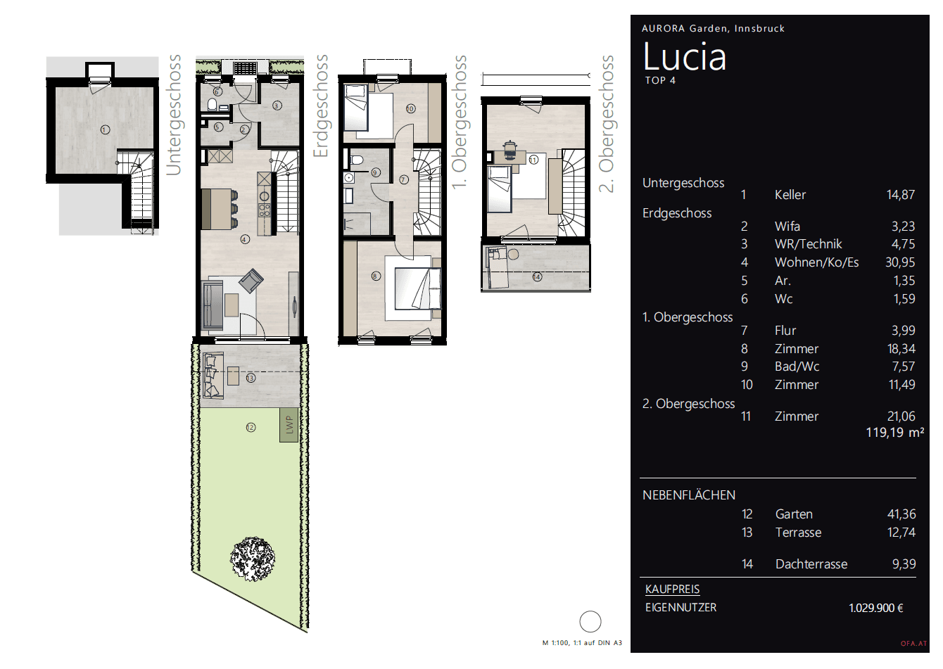 Mehrgeschossiger Grundriss mit offenem Wohnbereich, Küche, mehreren Schlafzimmern, Bädern, Keller, Garten, Terrasse und Dachterrasse.