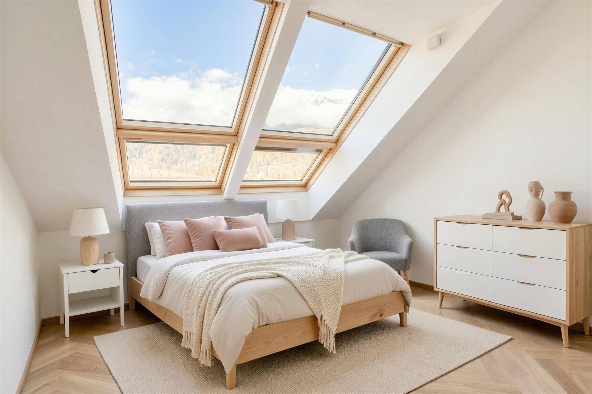 Schlafzimmer im Dachgeschoss mit großen Dachfenstern, Bergblick und Holzboden.