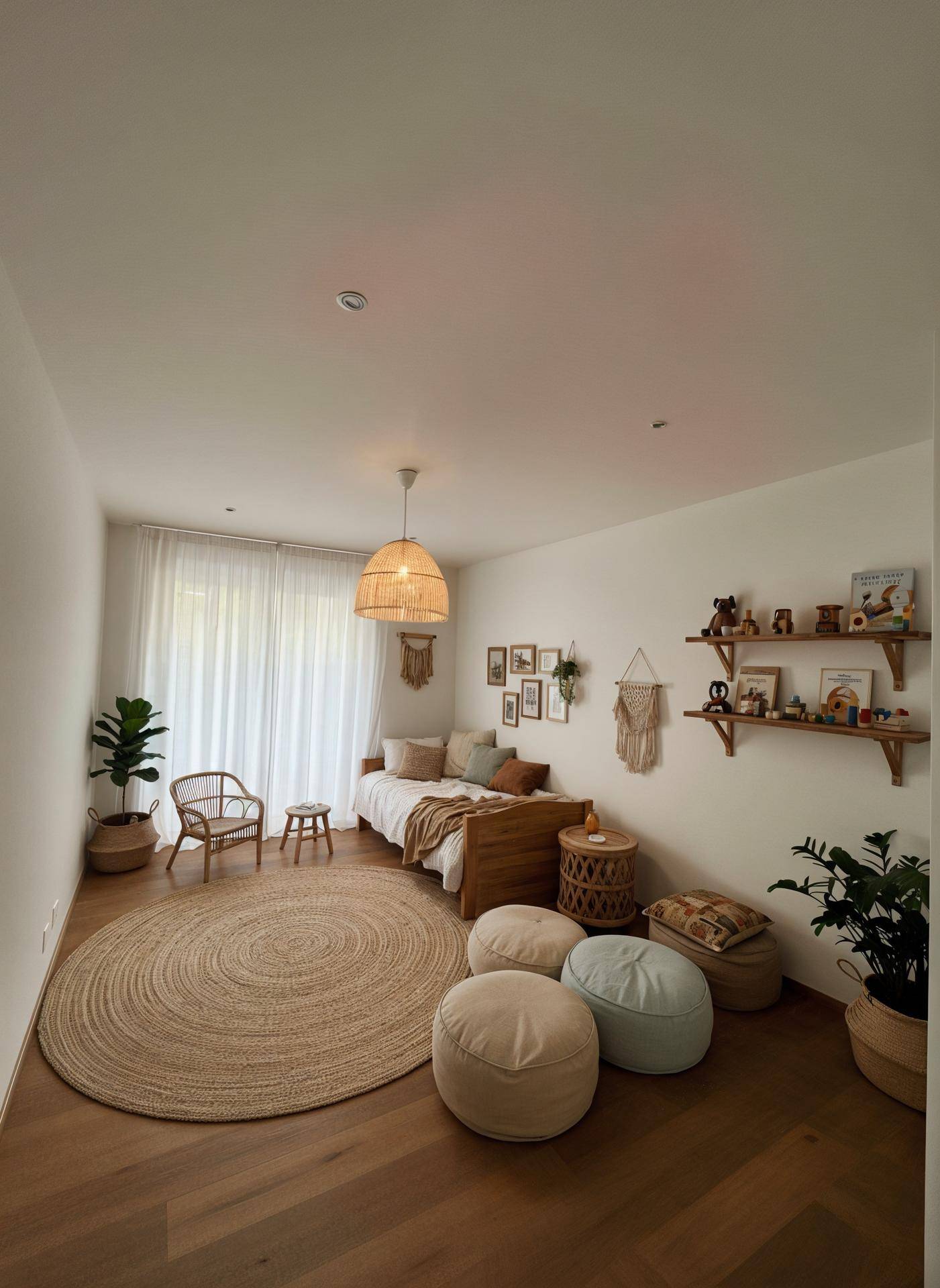 Gemütliches Kinderzimmer mit Holzboden, hellem Teppich und natürlicher Dekoration.