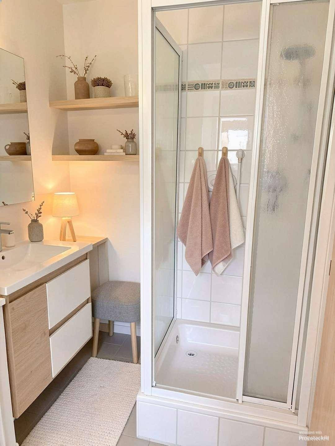 Helles Badezimmer mit Duschkabine, modernem Waschtisch und praktischen Holzregalen.