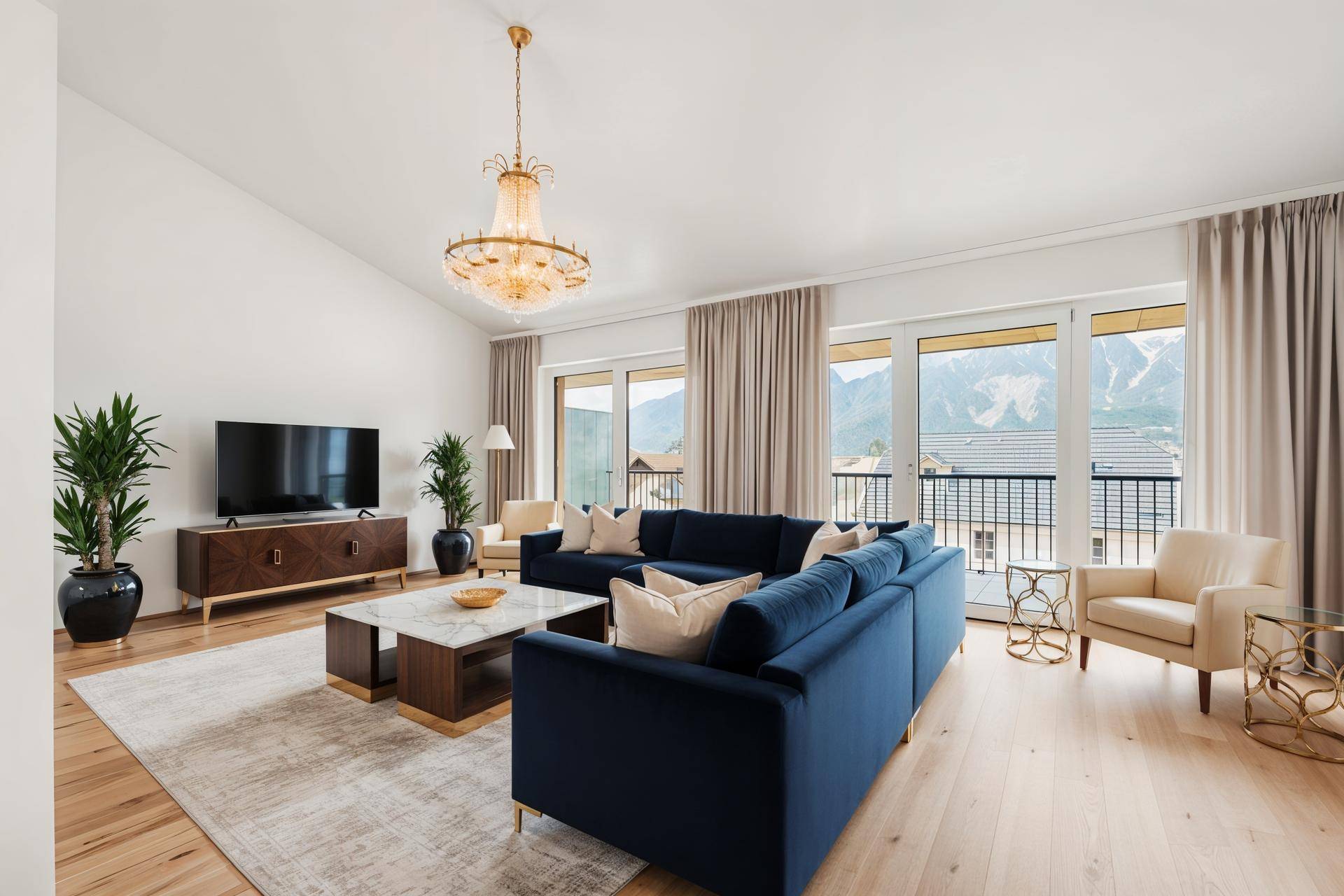 Gemütliches Wohnzimmer mit blauem Sofa, Holzboden und großem Fenster mit beeindruckendem Bergblick.