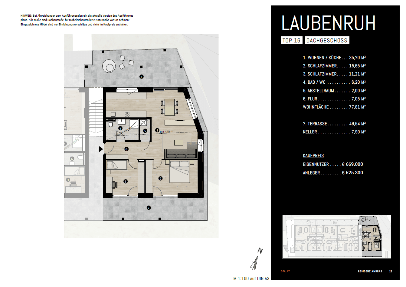 Grundriss des Dachgeschosses mit Wohn-/Küchenbereich, Schlafzimmern und großer Terrasse.