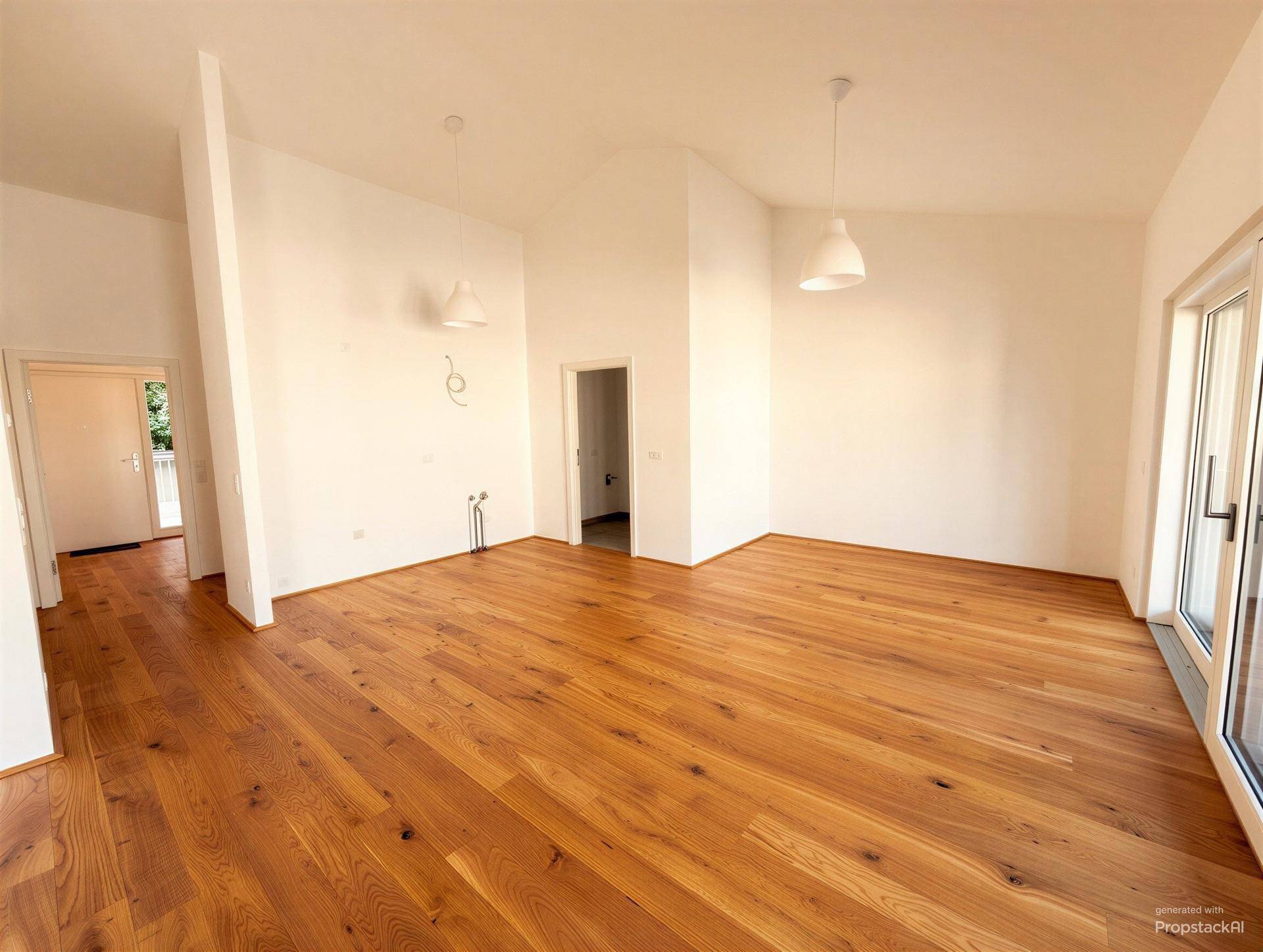 Geräumiger, heller Wohnbereich mit Holzdielenboden und mehreren Türen zu angrenzenden Räumen.