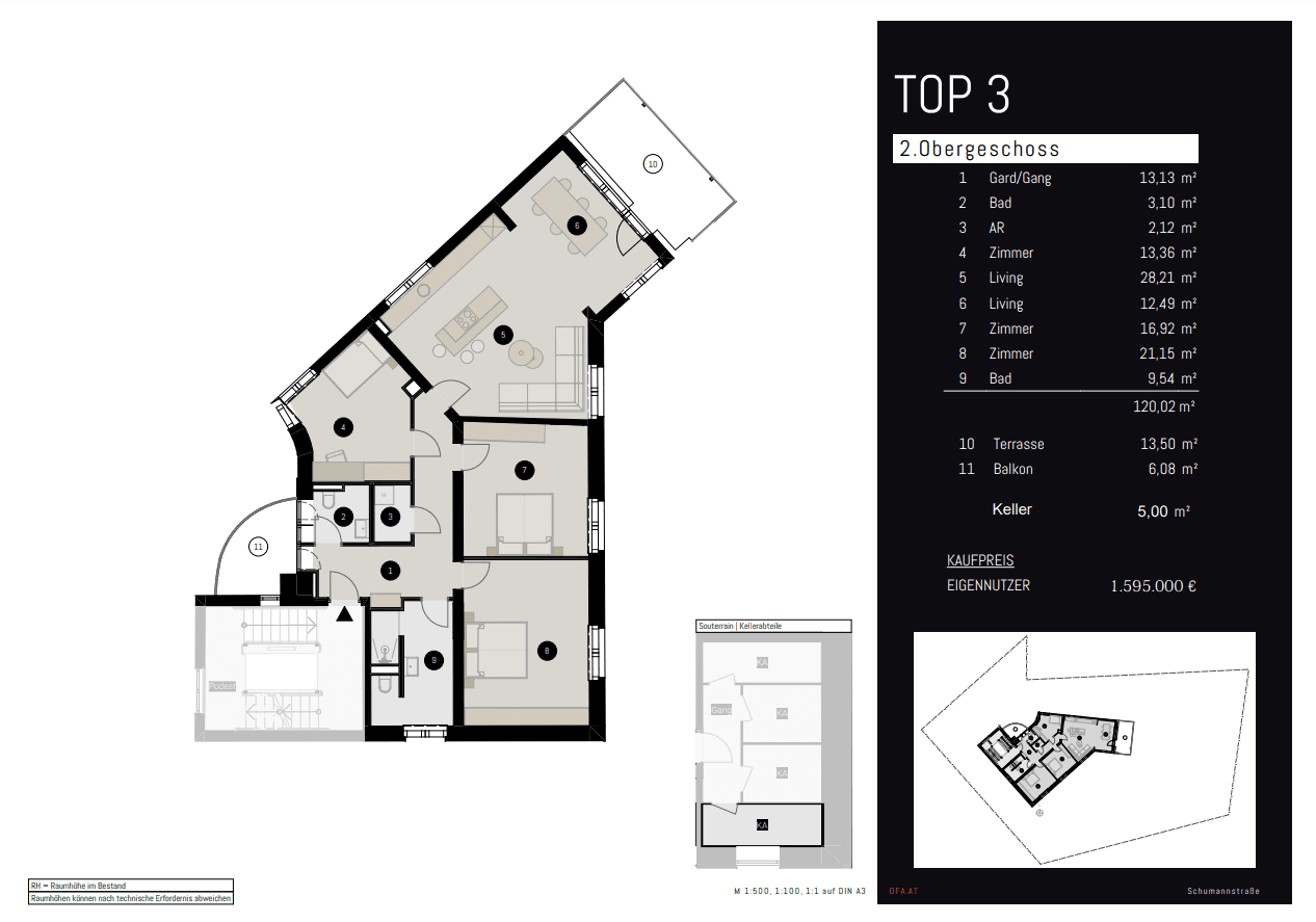 Detaillierter Grundriss der Wohnung TOP 3 im 2. Obergeschoss mit Terrasse und Balkon.