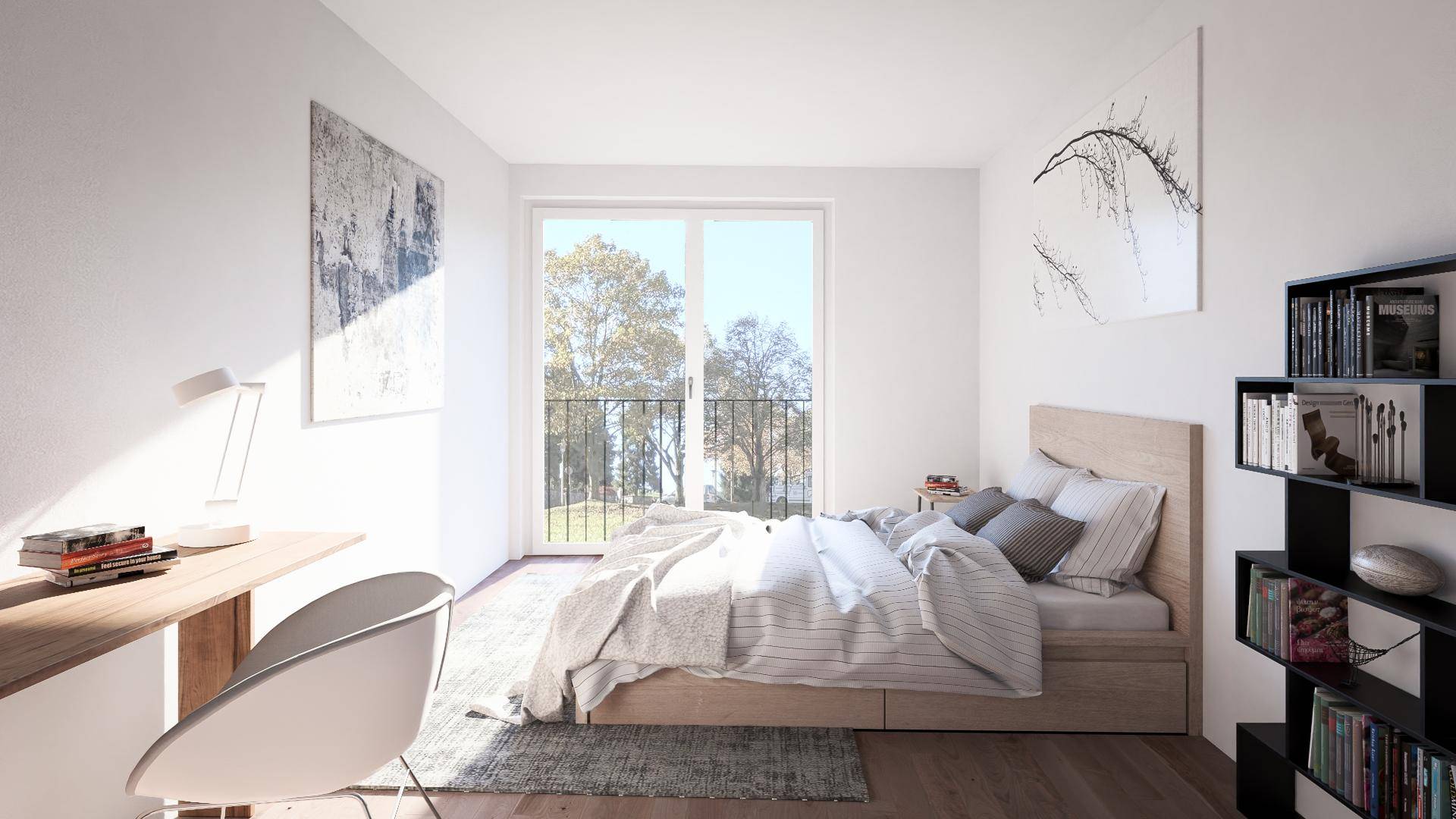 Helles Schlafzimmer mit Holzbett, Schreibtisch und großen Fenstern mit Ausblick.