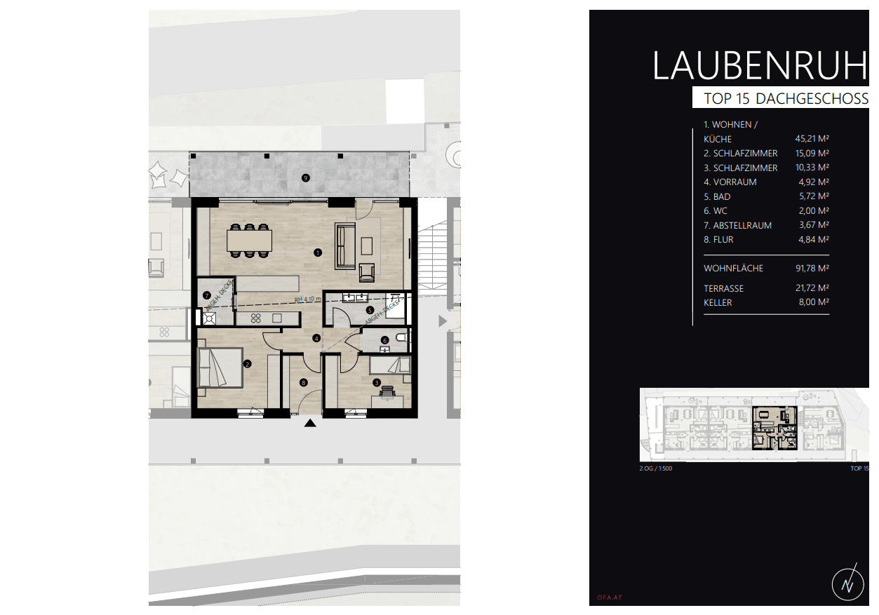 Grundriss des Dachgeschosses mit offener Wohnküche, zwei Schlafzimmern, Bad, separatem WC und großer Terrasse.