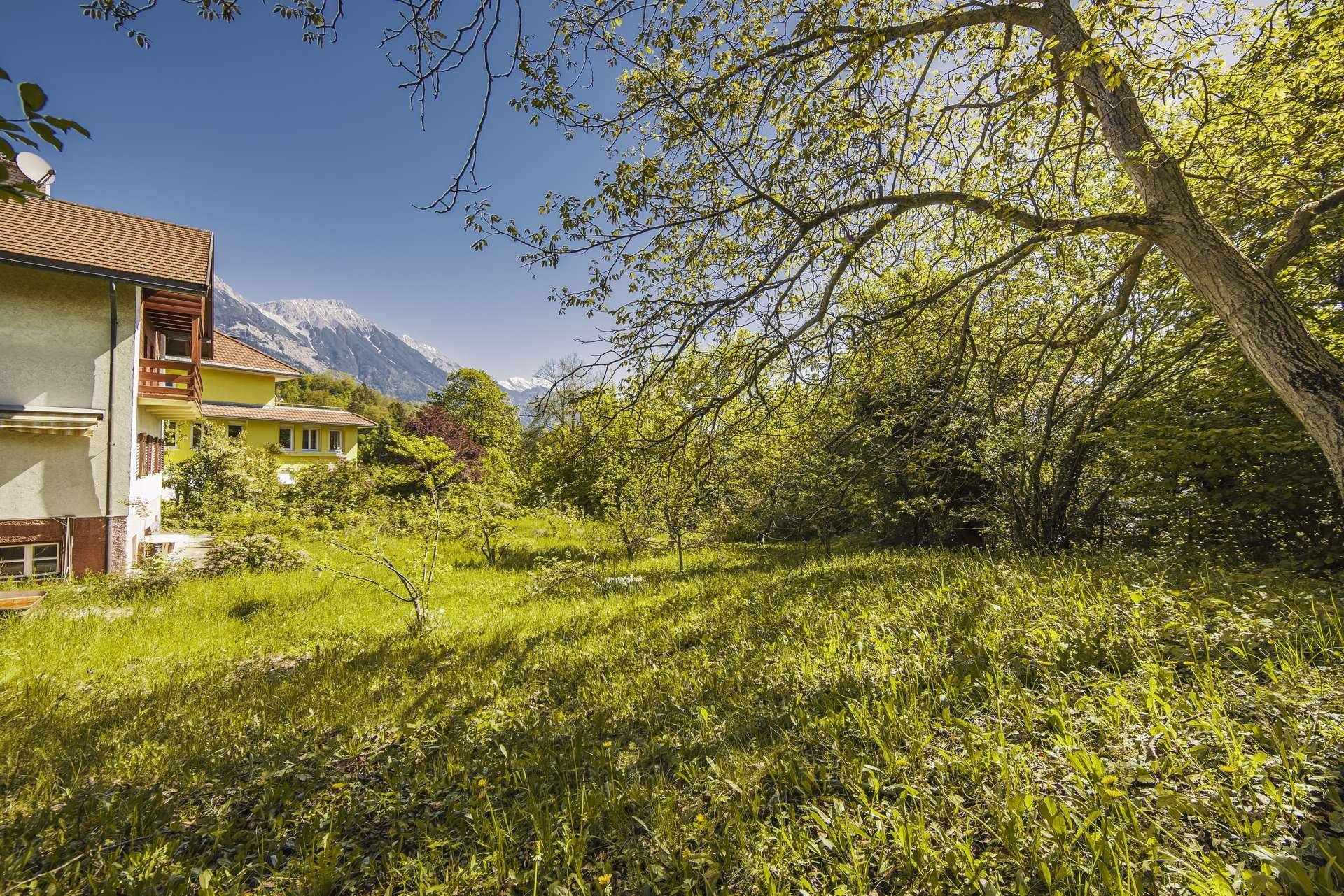 Sonniger, weitläufiger Gartenbereich mit Blick auf die schneebedeckten Berge und ein angrenzendes Gebäude.