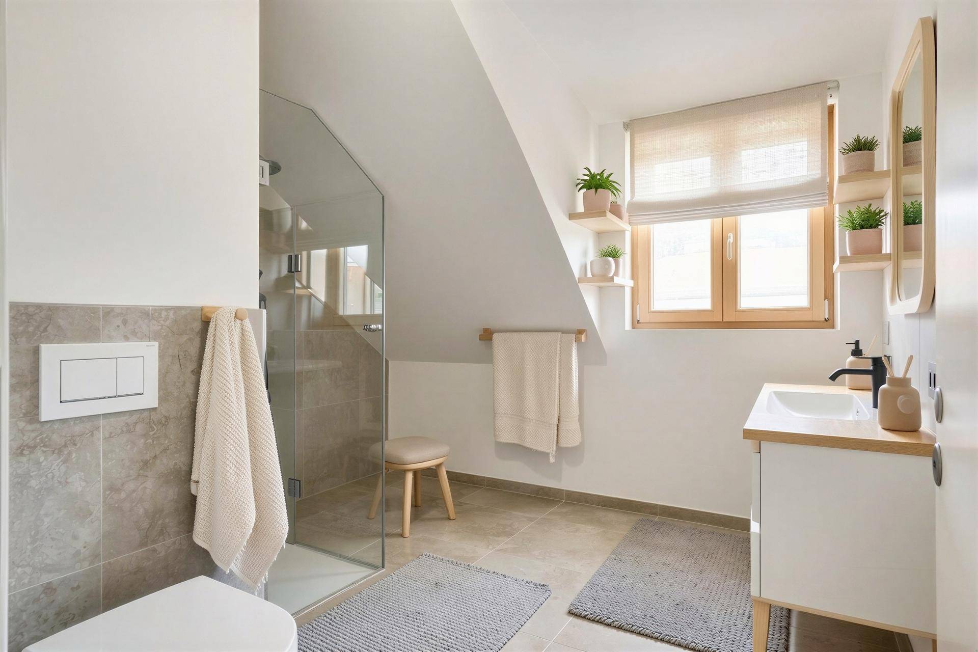 Modernes Badezimmer mit begehbarer Dusche, Fenster und Holzdetails.