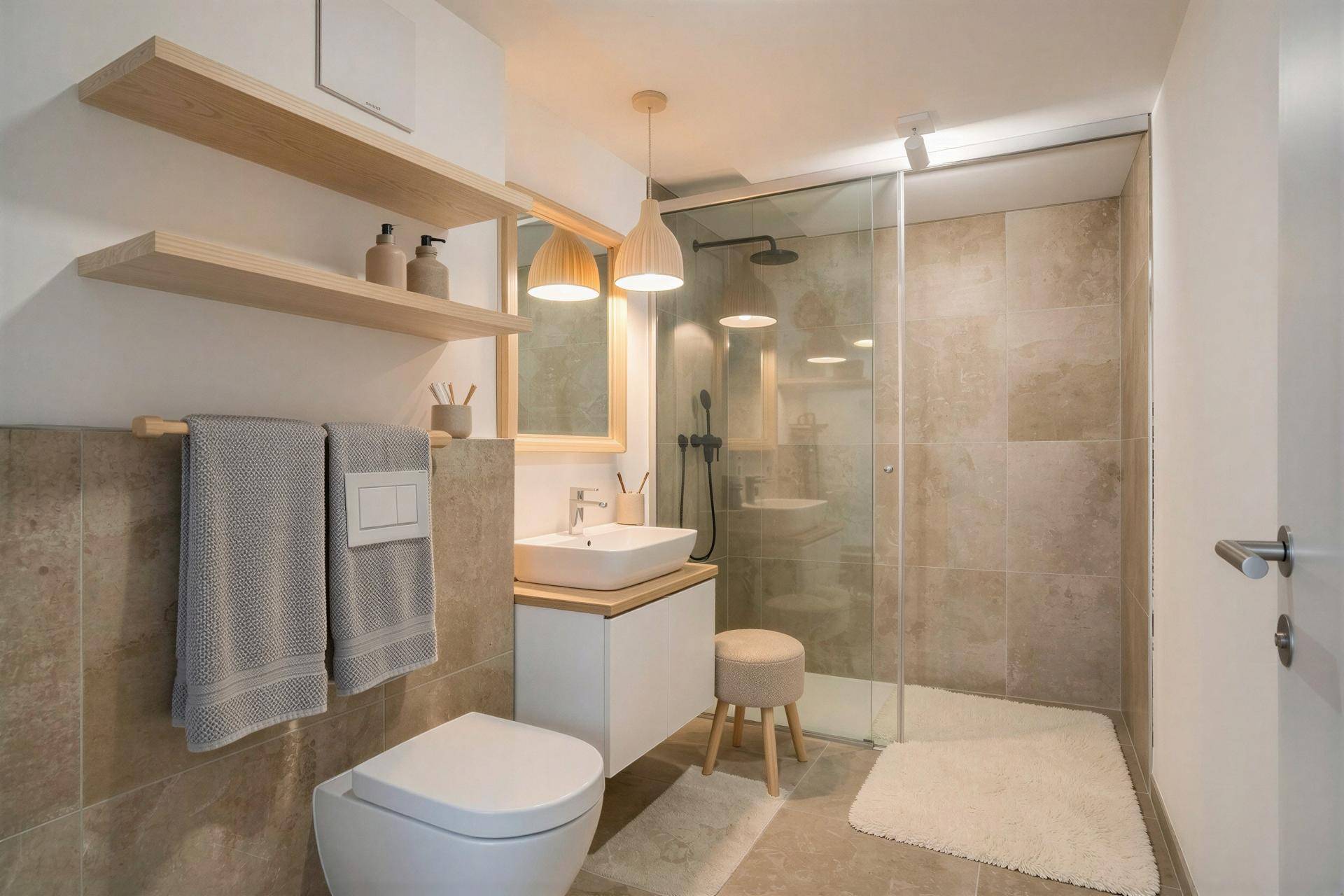 Modernes Badezimmer mit begehbarer Dusche, Wand-WC und Holzregalen für Stauraum.