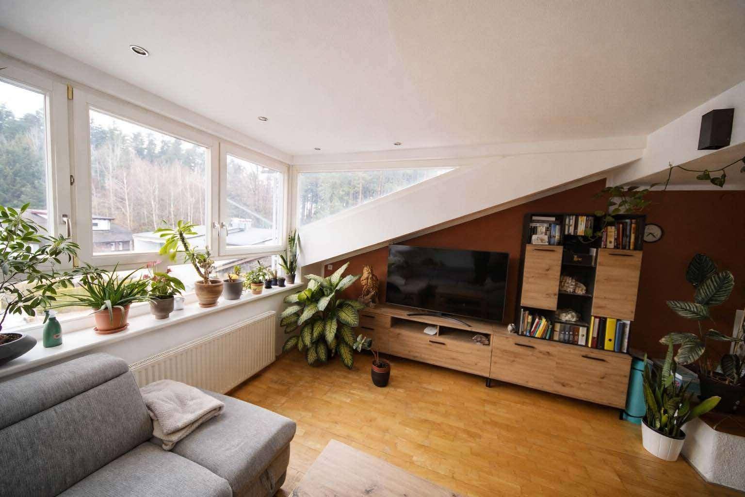 Geräumiges Wohnzimmer mit Holzboden, Fernseher und vielen Pflanzen am Fenster mit Ausblick.