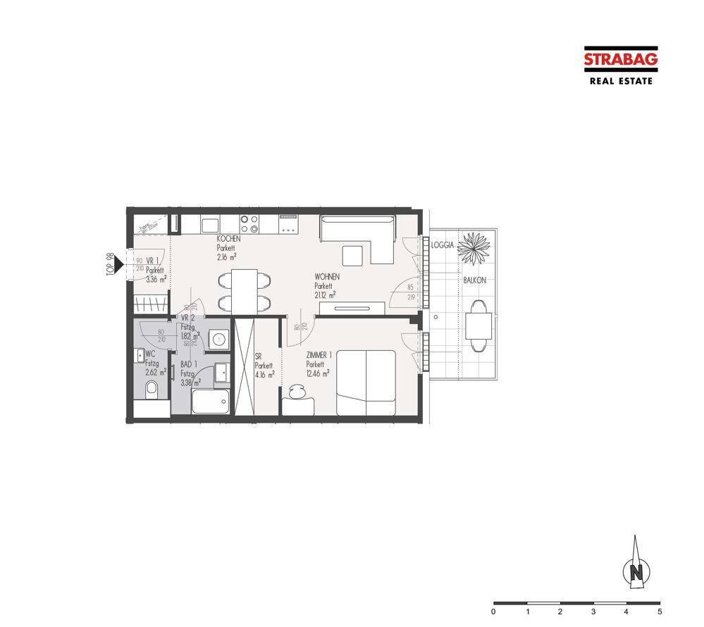 Grundriss einer Wohnung mit offenem Wohnbereich, Schlafzimmer, Bad, separatem WC, Loggia und Balkon.