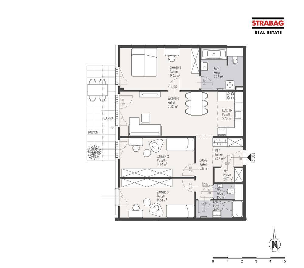 Grundriss einer Wohnung mit drei Zimmern, offenem Wohnbereich, Balkon und Loggia.