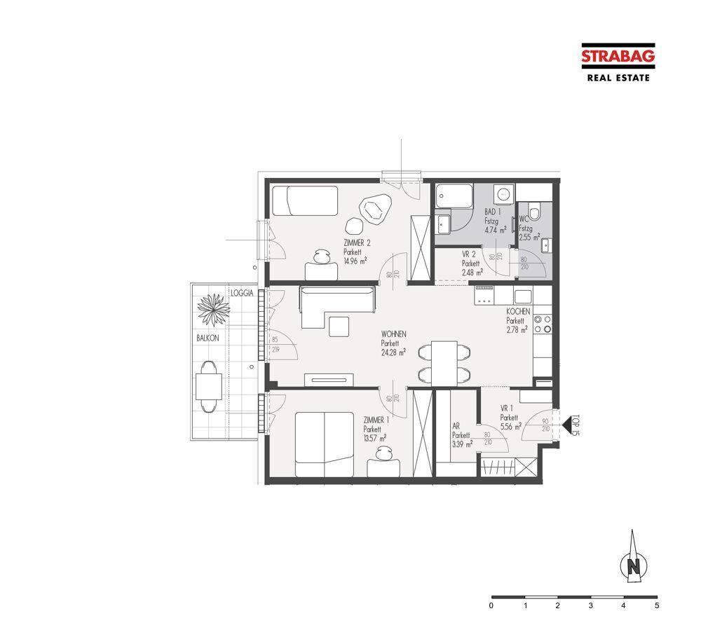 Grundriss einer Wohnung mit zwei Zimmern, offenem Wohnbereich, Küche, Bad und Balkon mit Loggia.