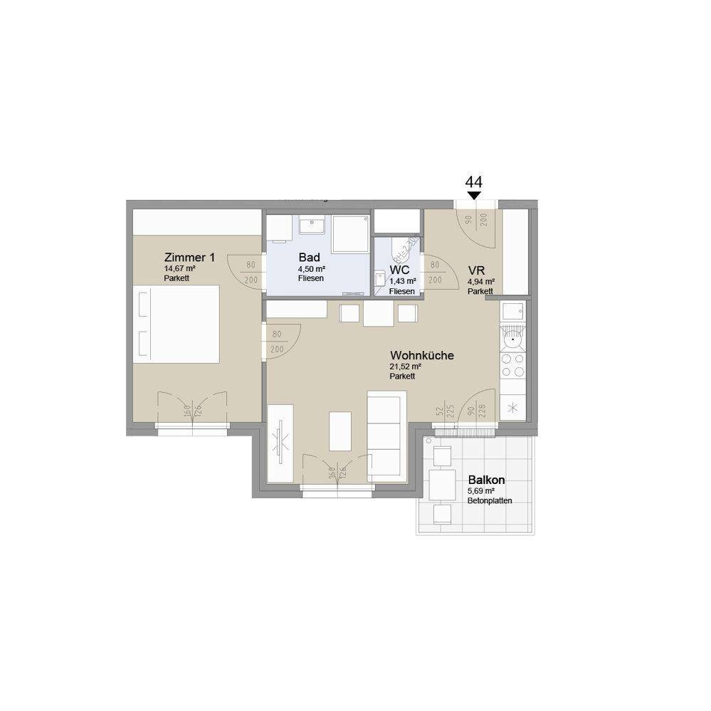 Grundriss einer modernen Wohnung mit einem Schlafzimmer, Bad, WC und offener Wohnküche.