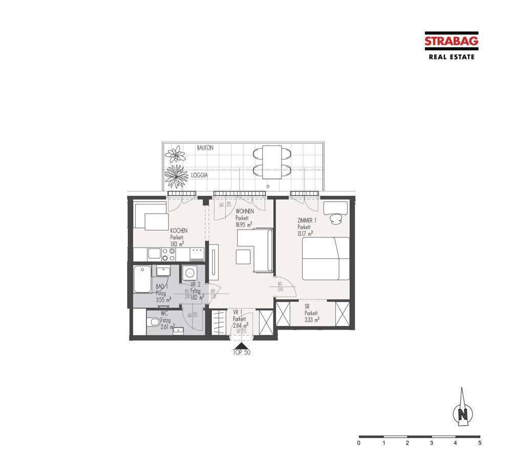 Grundriss einer Wohnung mit Balkon und Loggia, zeigt Wohn-, Schlaf- und Küchenbereiche.