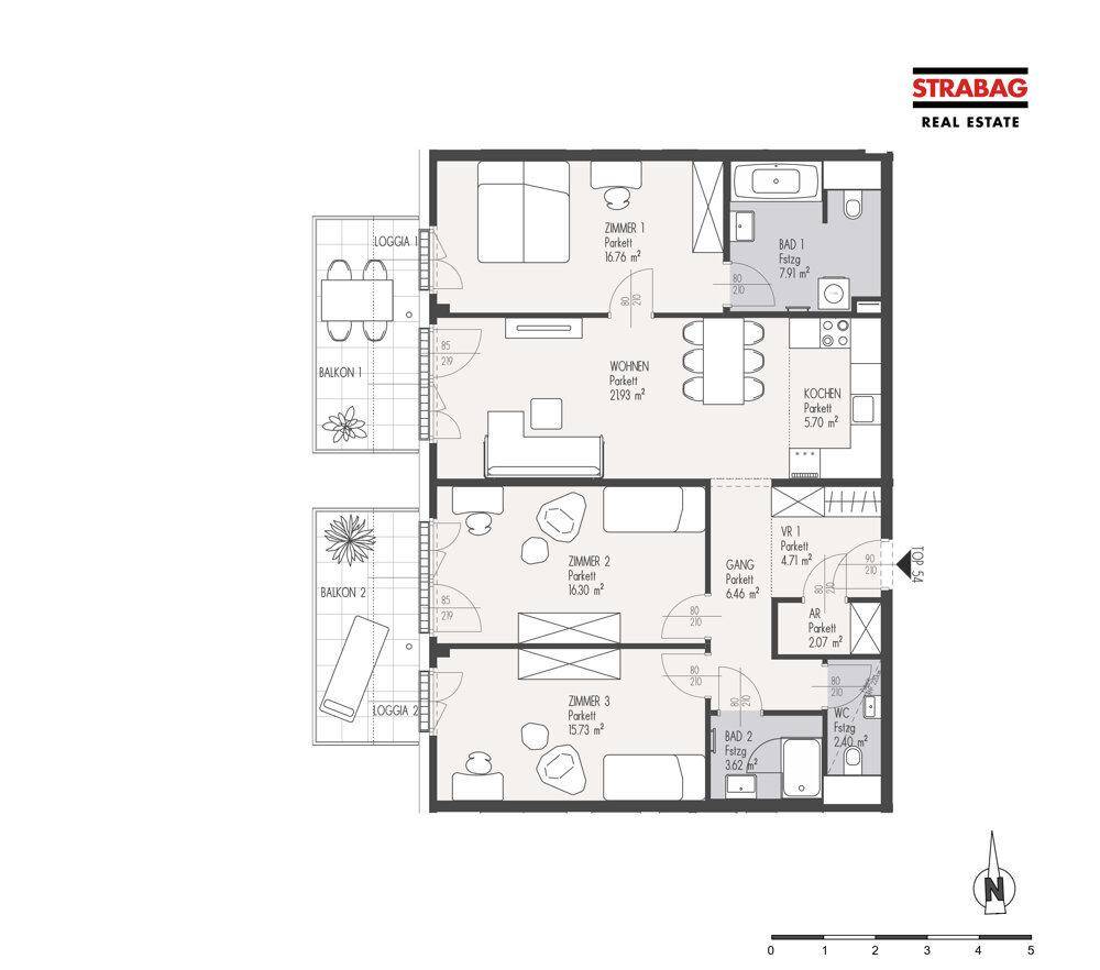 Grundriss einer Wohnung mit drei Zimmern, zwei Bädern und zwei Balkonen mit Loggia.