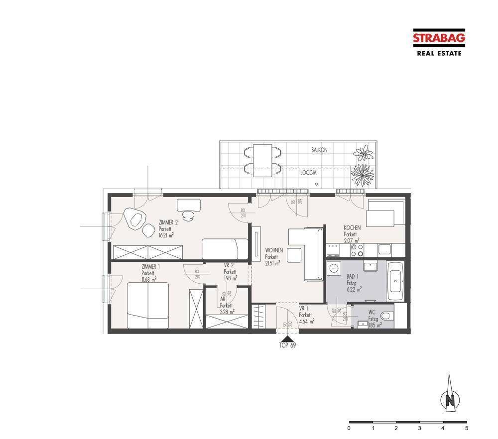 Grundriss einer Wohnung mit Balkon, Loggia, zwei Schlafzimmern und separatem WC.