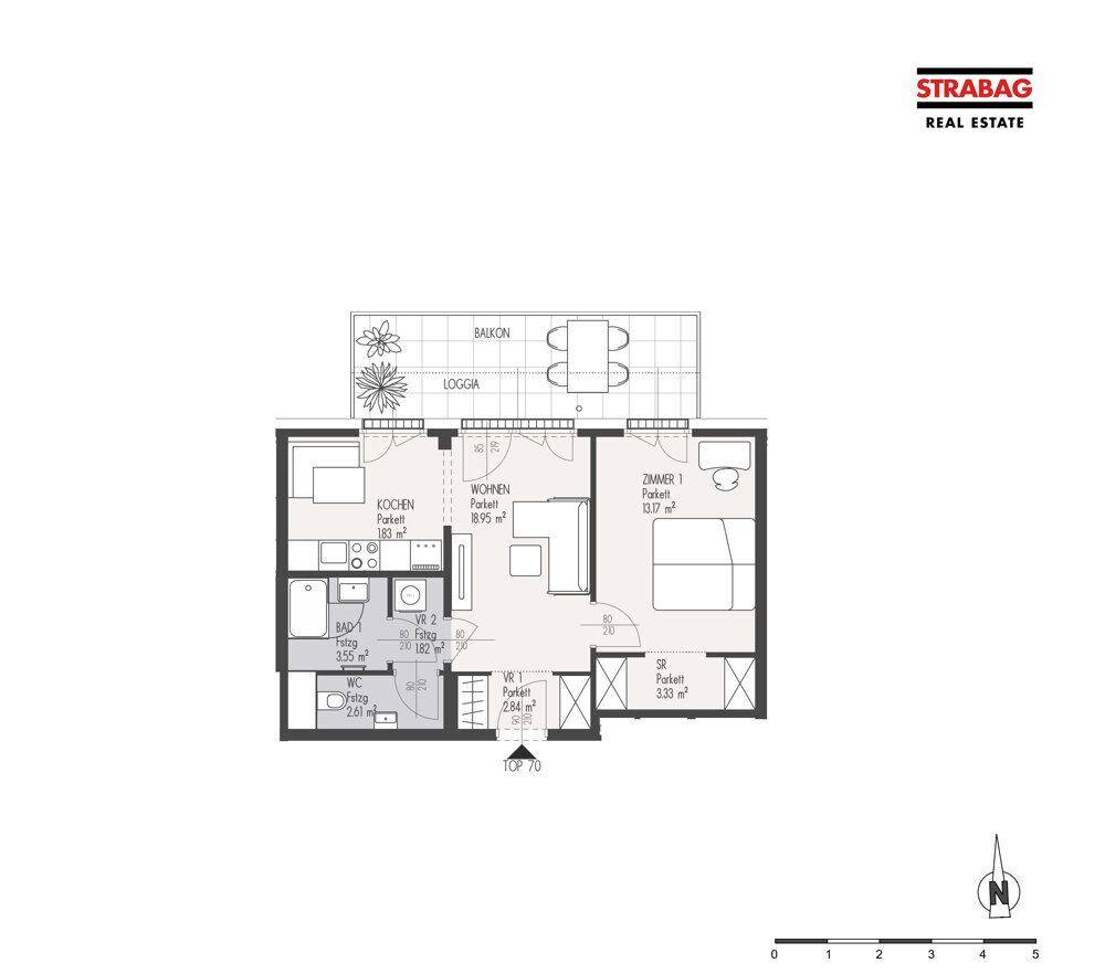 Grundriss einer Wohnung mit einem Schlafzimmer, offener Küche und Loggia.