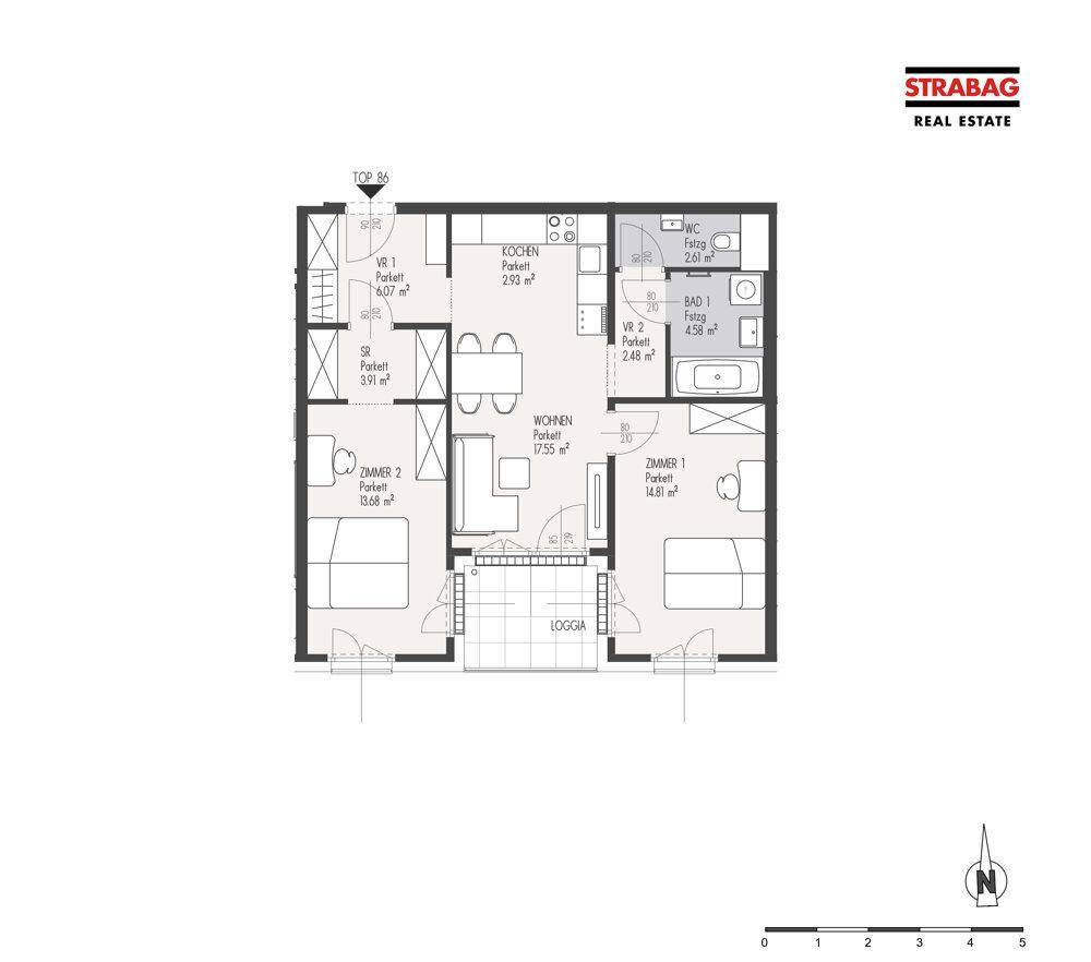 Grundriss einer Wohnung mit zwei Schlafzimmern, offener Küche und Loggia.