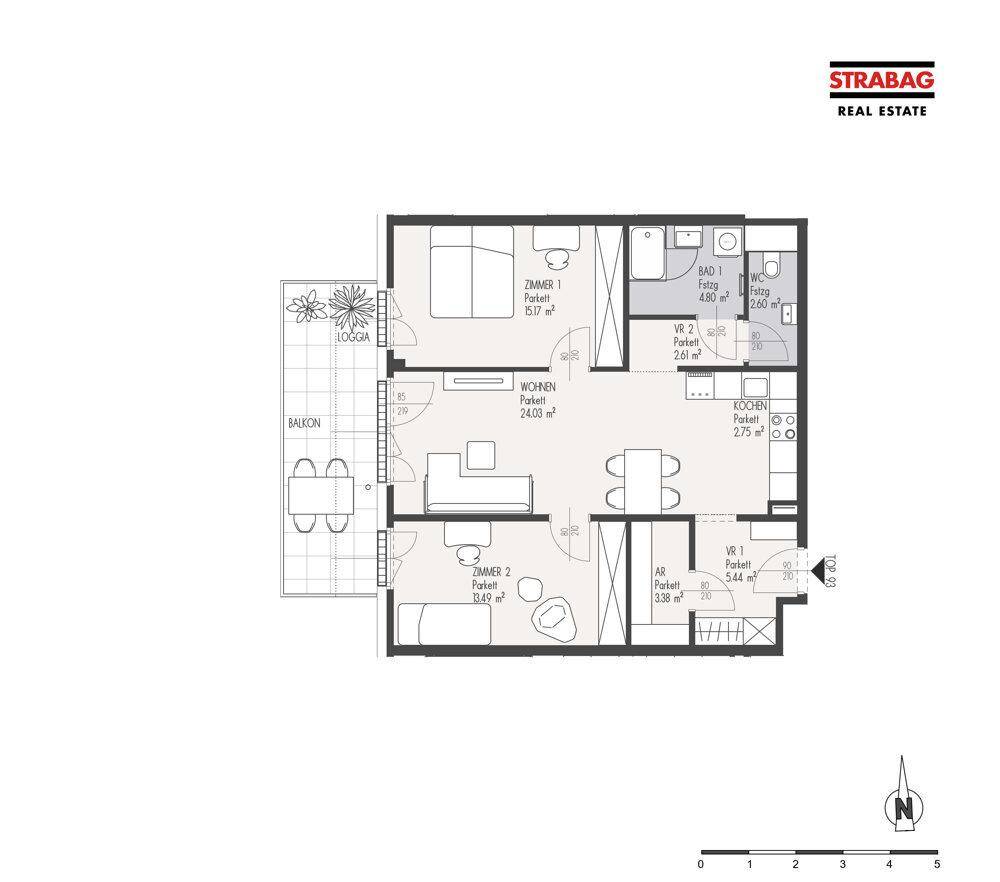 Grundriss einer Wohnung mit zwei Schlafzimmern, einem Balkon, einer Loggia und separatem WC.