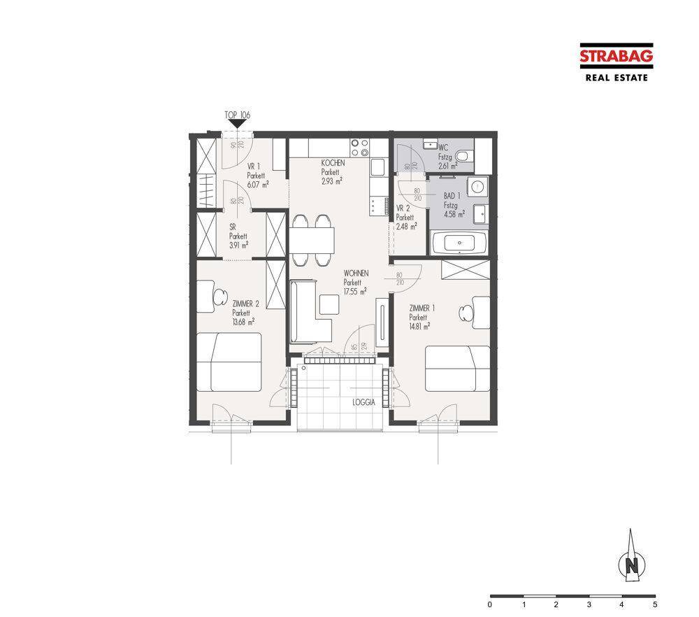 Grundriss einer Wohnung mit zwei Schlafzimmern, Wohnbereich, Küche, Bad, separatem WC und Loggia.