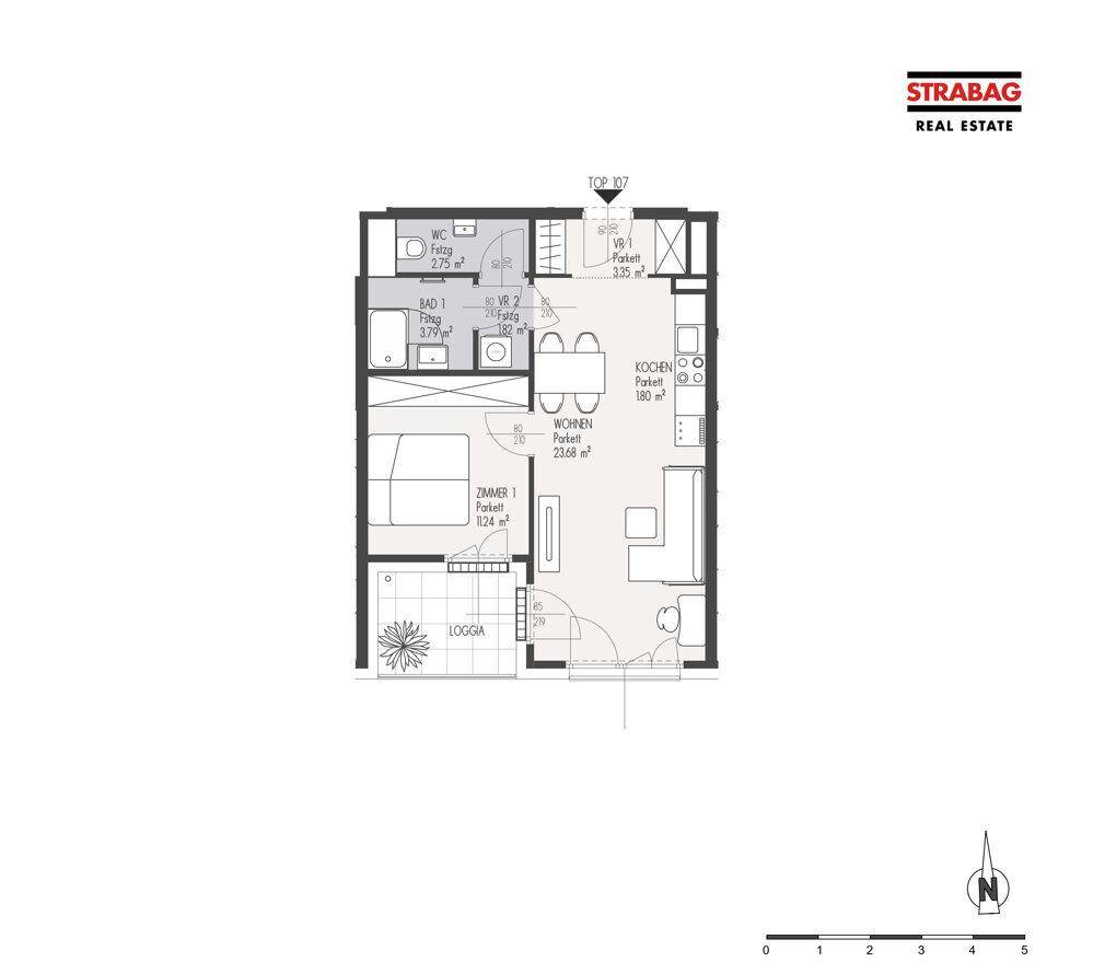 Grundriss einer Wohnung mit einem Schlafzimmer, offenem Wohnbereich, Küche und Loggia.