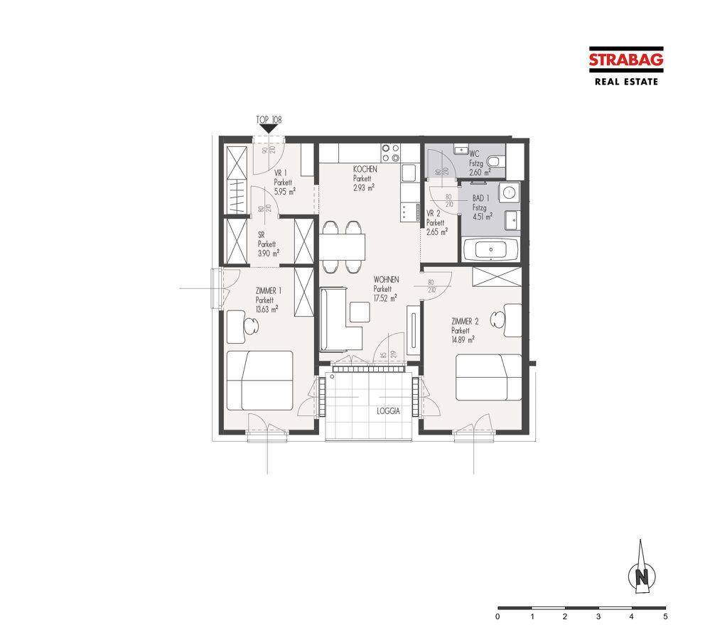 Grundriss einer Wohnung mit offener Küche, Wohnbereich, zwei Schlafzimmern, Bad, WC und Loggia.