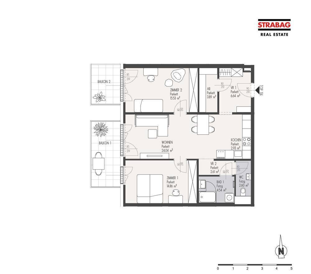 Grundriss einer Wohnung mit zwei Balkonen, zwei Schlafzimmern, separatem WC und Abstellraum.