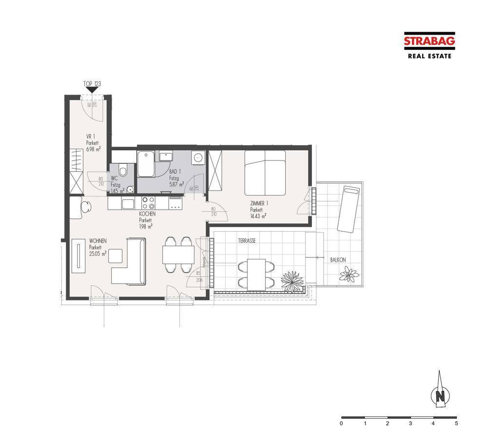 Grundriss einer Wohnung mit offenem Wohnbereich, Schlafzimmer, Bad, separatem WC, Terrasse und Balkon.