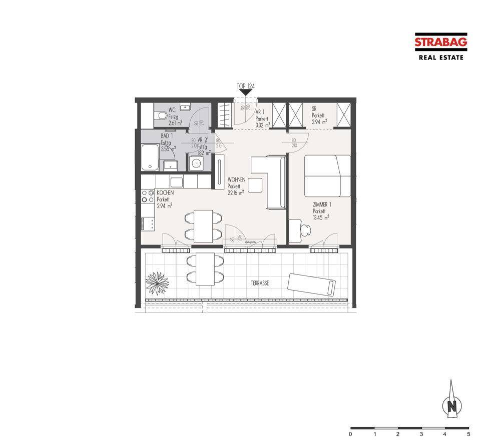 Grundriss einer Wohnung mit offenem Wohnbereich, Schlafzimmer, Bad, separatem WC und Terrasse.