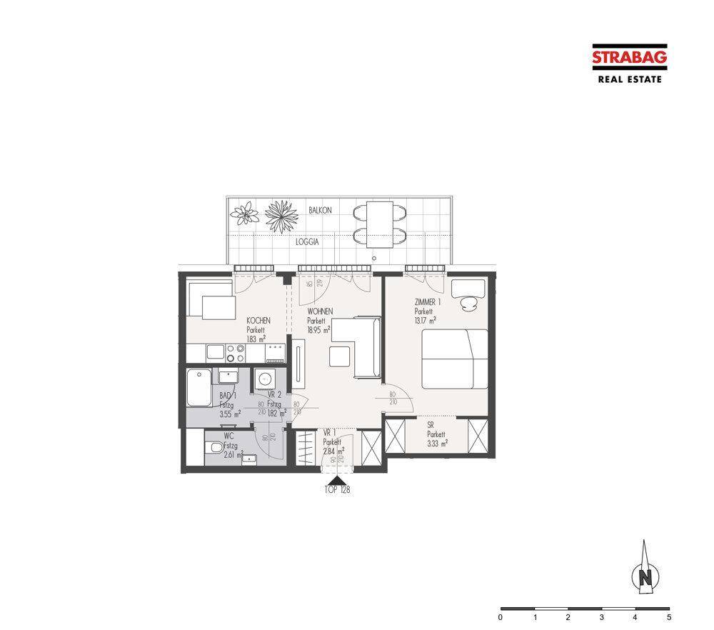 Grundriss einer modernen Wohnung mit offenem Wohnbereich, Schlafzimmer, separatem WC und großem Balkon.