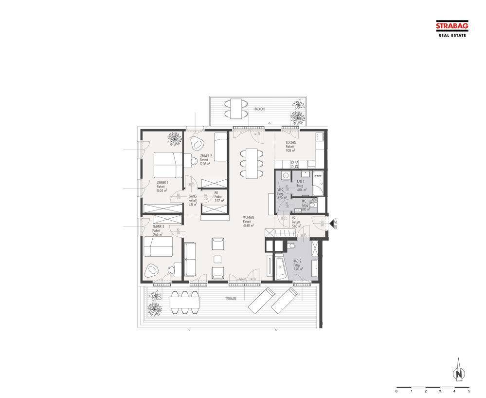Grundriss einer Wohnung mit zwei Schlafzimmern, offenem Wohnbereich, zwei Bädern, Balkon und Terrasse.
