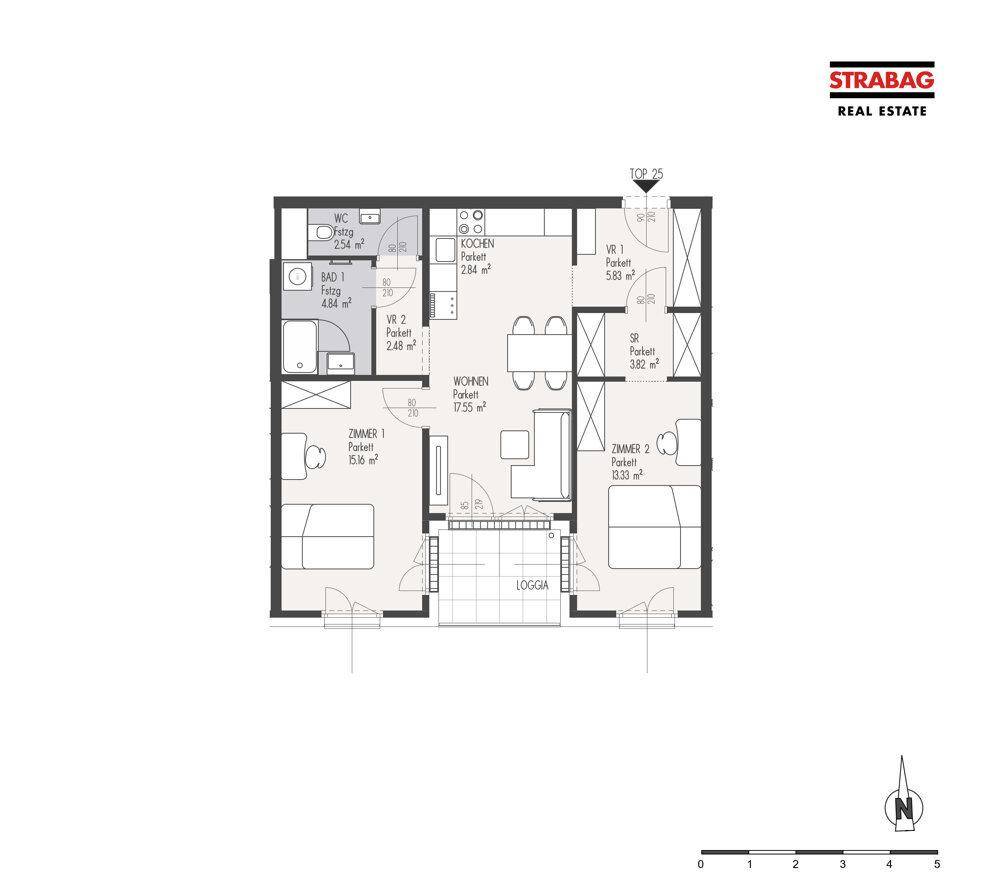 Grundriss einer Wohnung mit offener Wohnküche, zwei Schlafzimmern, Bad, separatem WC und Loggia.