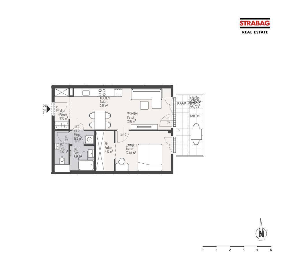 Grundriss einer Wohnung mit offenem Wohnbereich, separatem Schlafzimmer, Bad, WC und Zugang zu Loggia und Balkon.