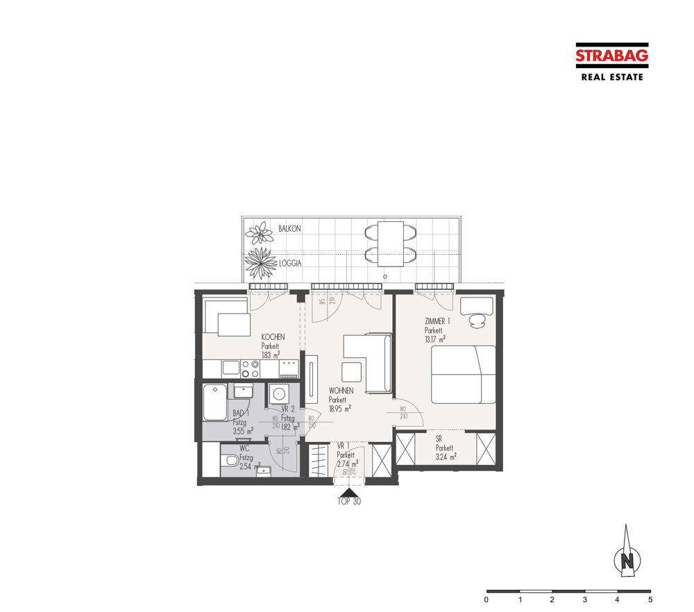 Grundriss einer Wohnung mit einem Schlafzimmer, offenem Wohnbereich, Balkon und Loggia.