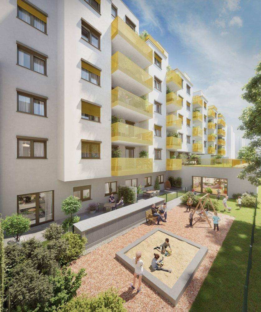 Visualisierung eines modernen Wohngebäudes mit einem Gemeinschaftsgarten und einem Kinderspielplatz.