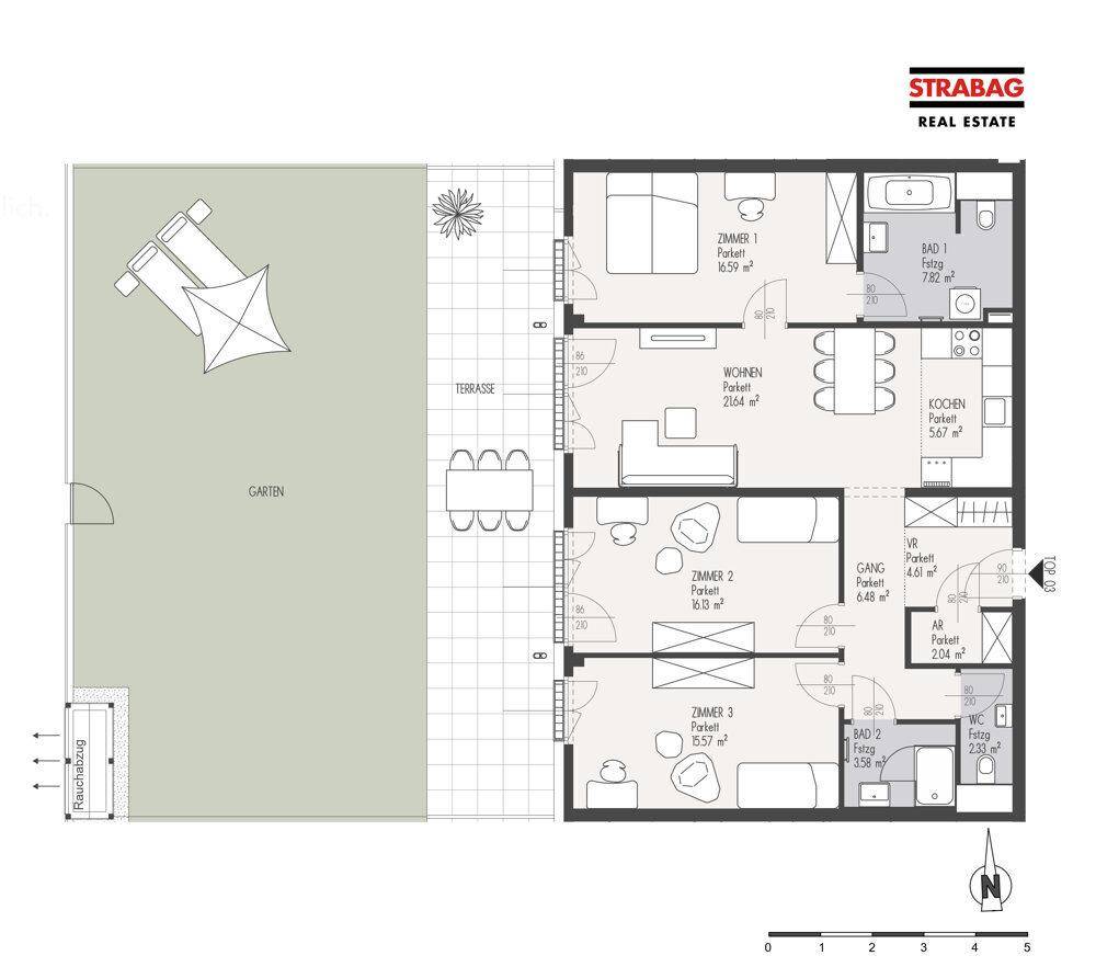 Grundriss einer Gartenwohnung mit drei Zimmern, zwei Bädern, separatem WC und großer Terrasse mit Garten.