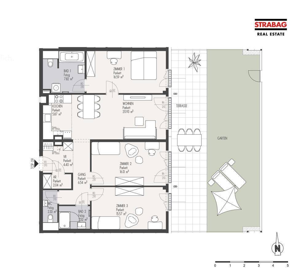 Detaillierter Grundriss einer Wohnung mit drei Zimmern, zwei Bädern, großer Terrasse und eigenem Garten.