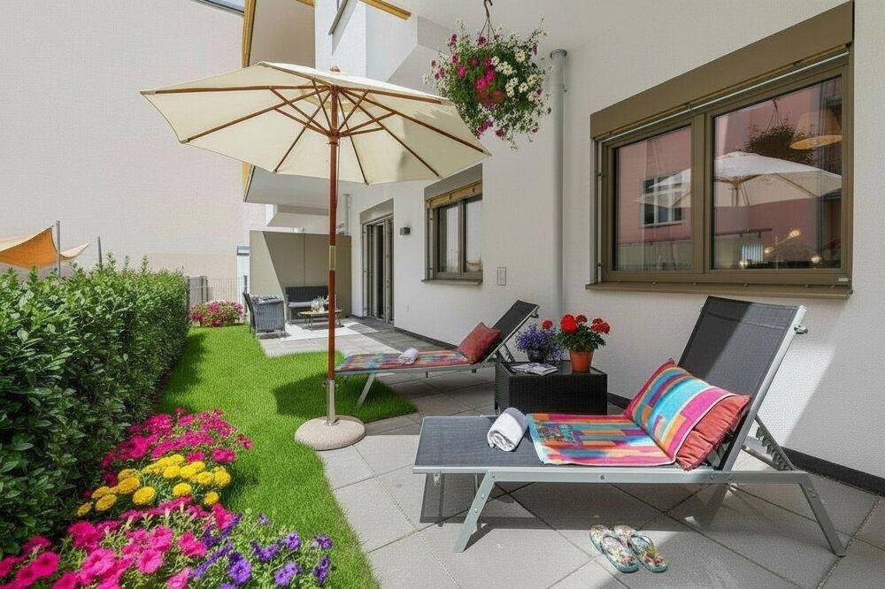 Gepflegter Gartenbereich mit Liegestühlen, Sonnenschirm und bunten Blumenbeeten.