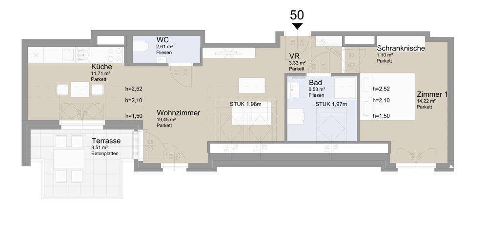 Grundriss der Wohnung mit Küche, Wohnzimmer, Bad, WC und Terrasse im Dachgeschoss.